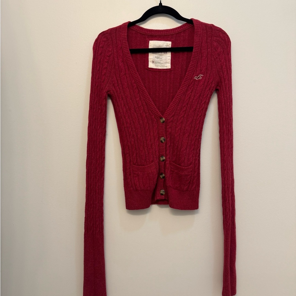 Hollister Y2K Deep Red Cable Knit Cardigan